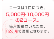 �R�[�X��1���ɂ��A5,000�~�E10,000�~��2�R�[�X�B�������ϗ����������A12�����Ŗ����ƂȂ�܂��B